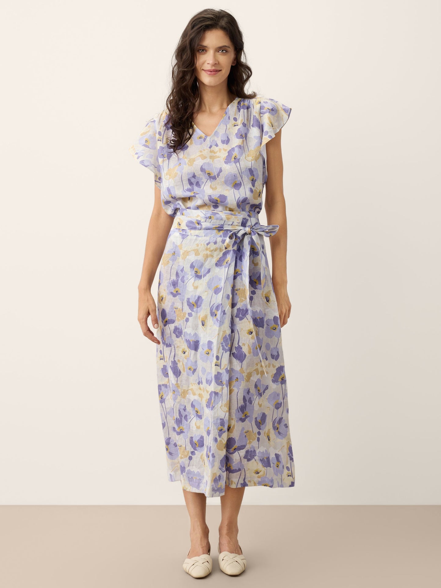 100% Linen Adjustable Wrap-Tie Carnation Print Skirt FRANCESCA