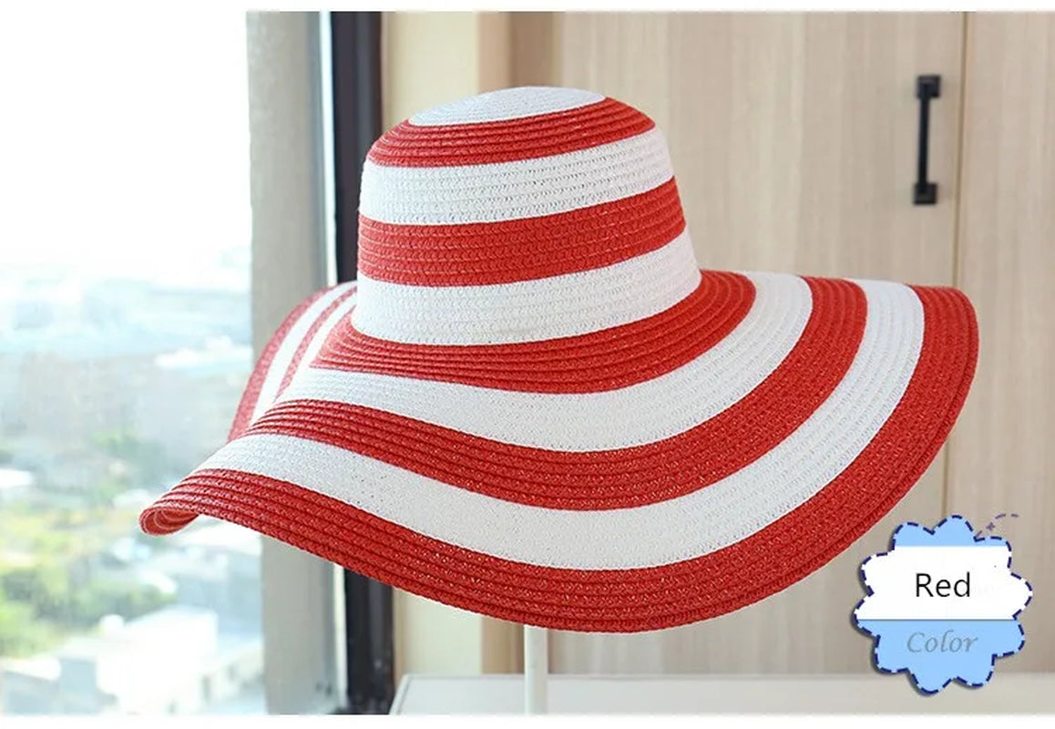 Hot Women'S Casual Straw Hats Girls Outdoor Striped Patchwork Paper Sun Hats New Summer Adult Flap Large Brim Beach Cap Gorras