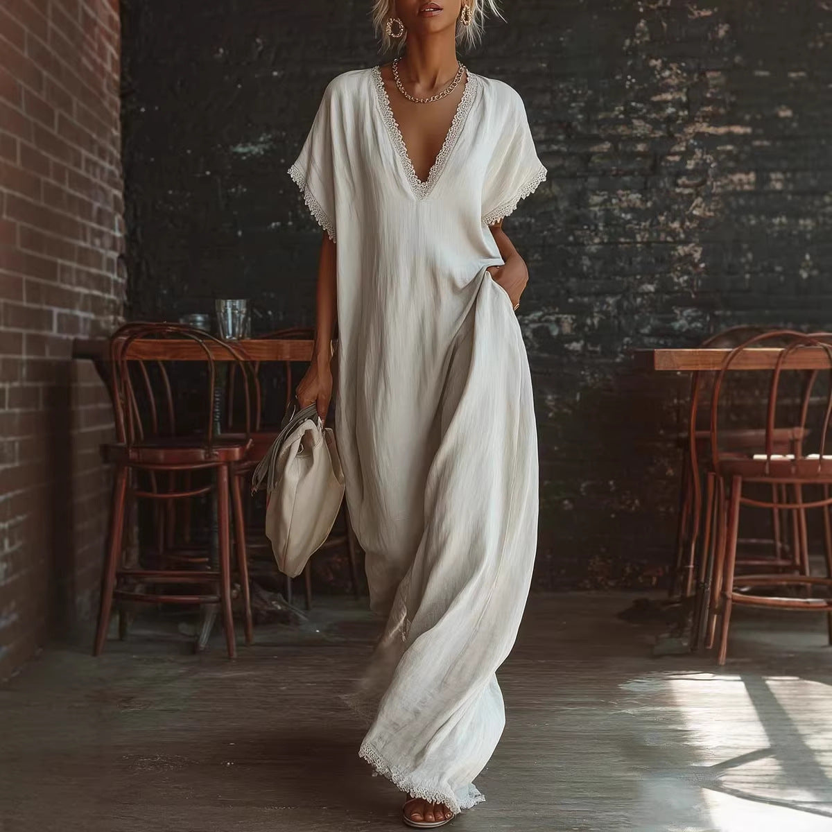 cotton linen loose maxi dress Lace-Trimmed Long for Women – RadioActive Threads Womens Dress or relaxed gatherings Sherri Hill Dress 55504 Color:Green And White