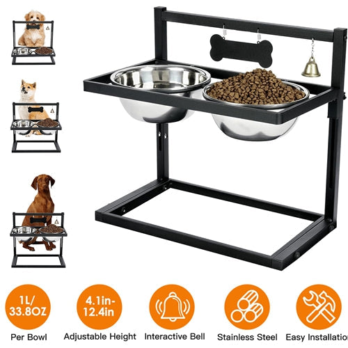 Adjustable Height Stainless Steel Elevated Double Dog Bowls