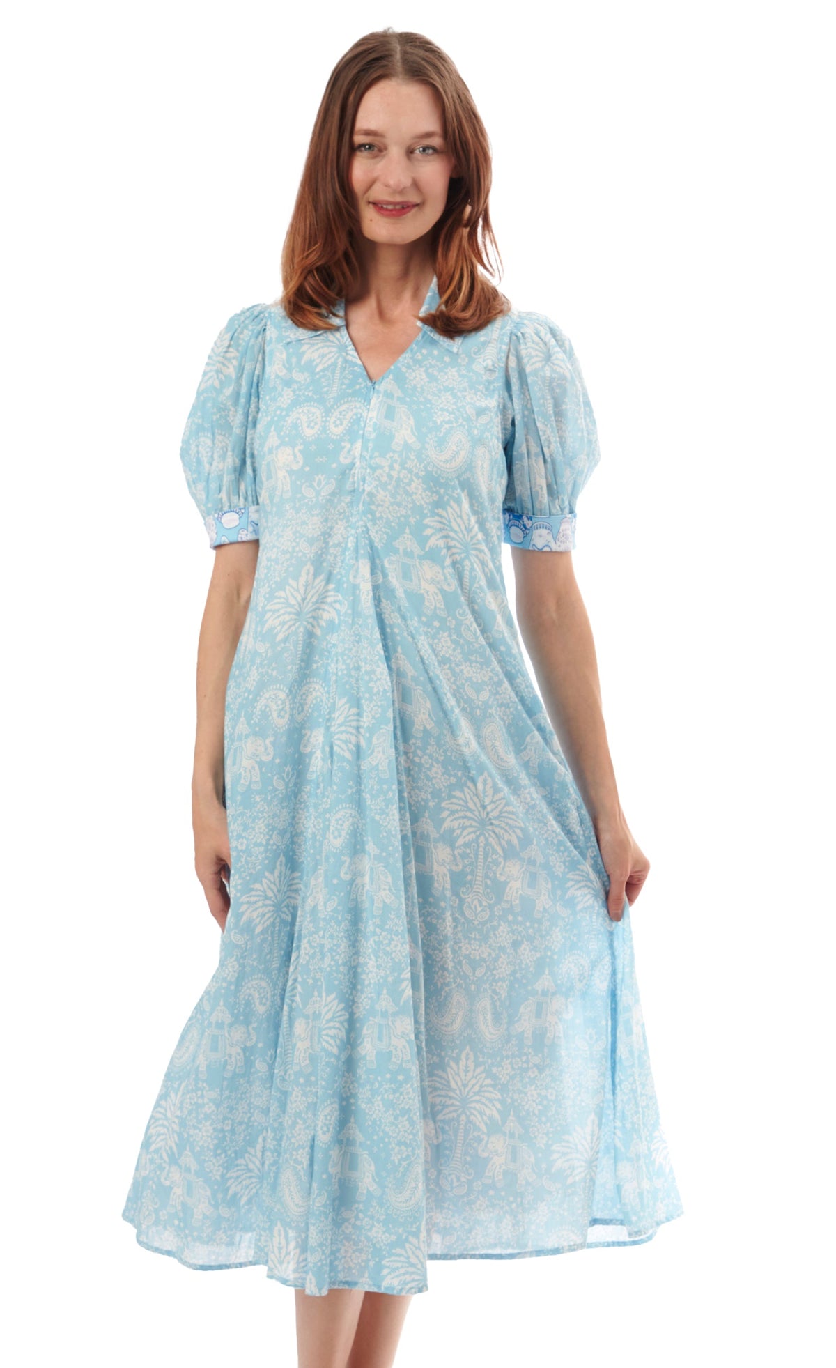 Montauk Dress Light Blue Elephants And Palm Trees
