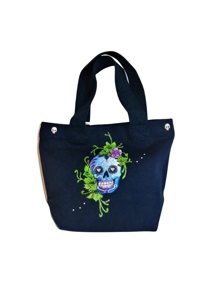 Hand Painted Organic Cotton Bag - Blue Skull
