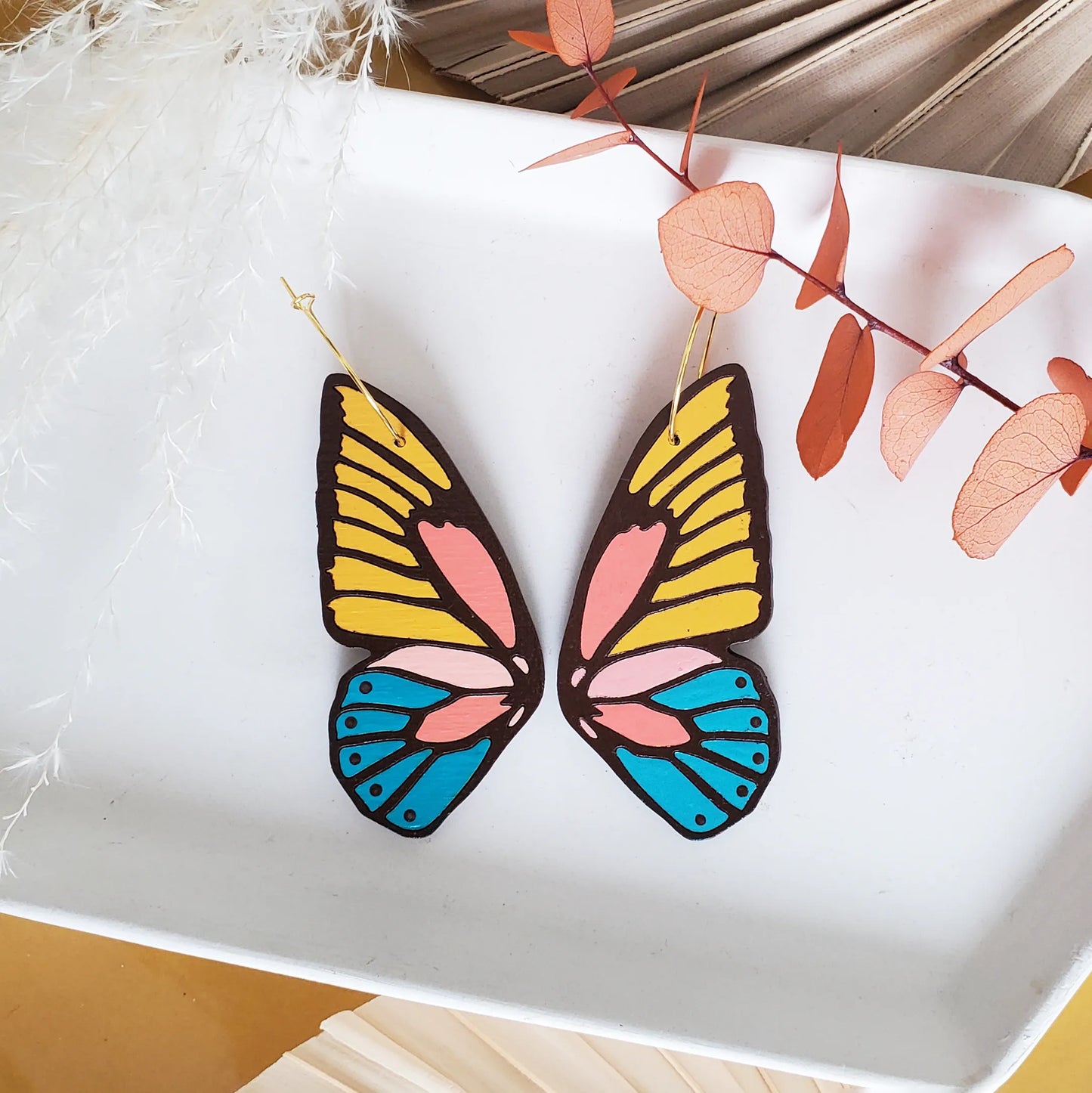 70s Butterfly Hoop Earrings – Retro Colorful Statement Jewelry