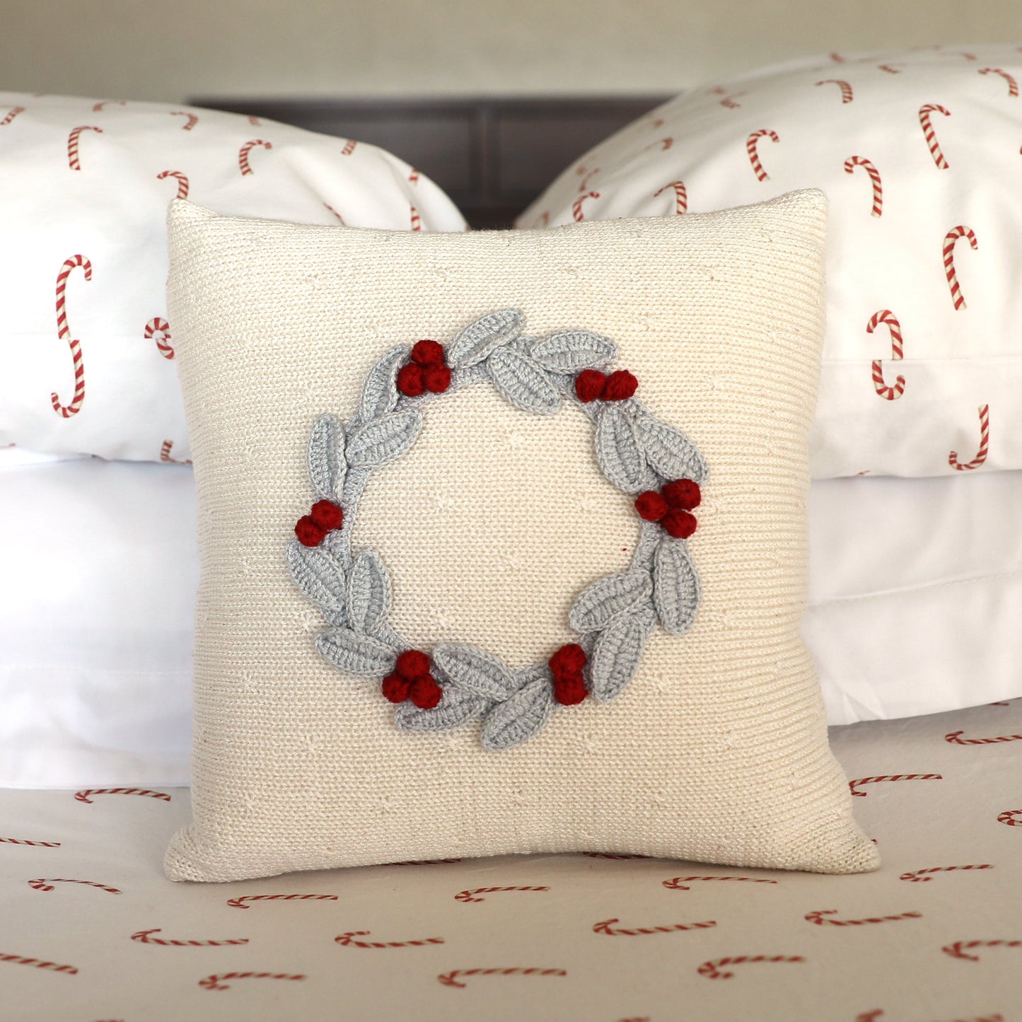 10" Grey Wreath with Berries Decorative Throw Pillow – Ecru Accent