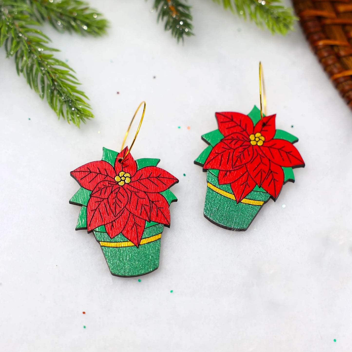 Poinsettia Pot Hoop Earrings – Festive Floral Holiday Jewelry