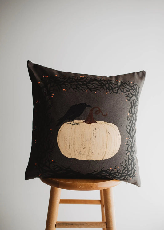 Primitive Dark Crow Pumpkin Throw Pillow