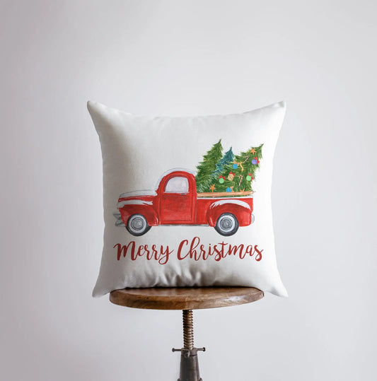 Red Christmas Truck with Trees Throw Pillow