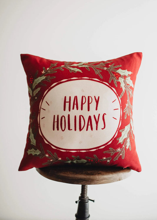Red Happy Holiday Wreath Throw Pillow