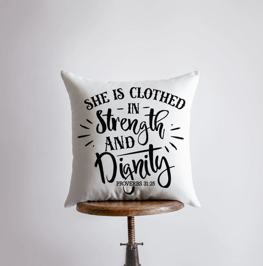 She is Clothed in Strength Throw Pillow
