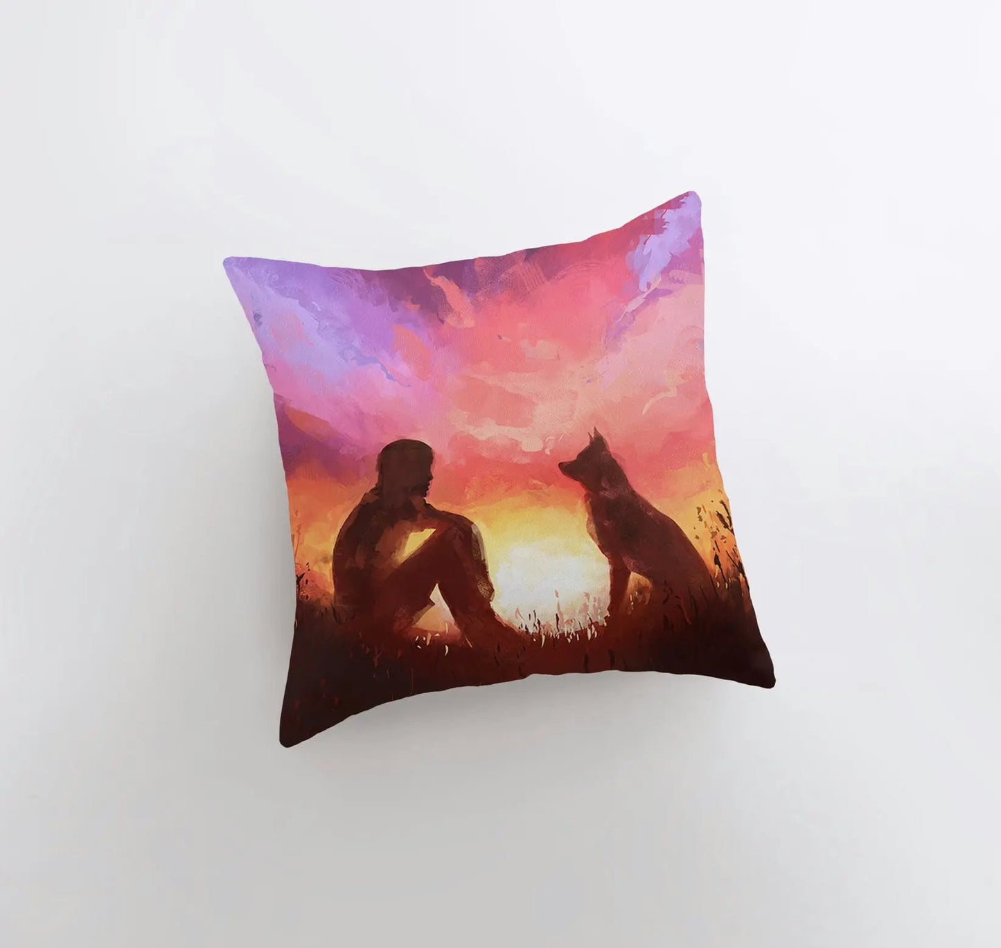 Sunset Boy and Dog Throw Pillow