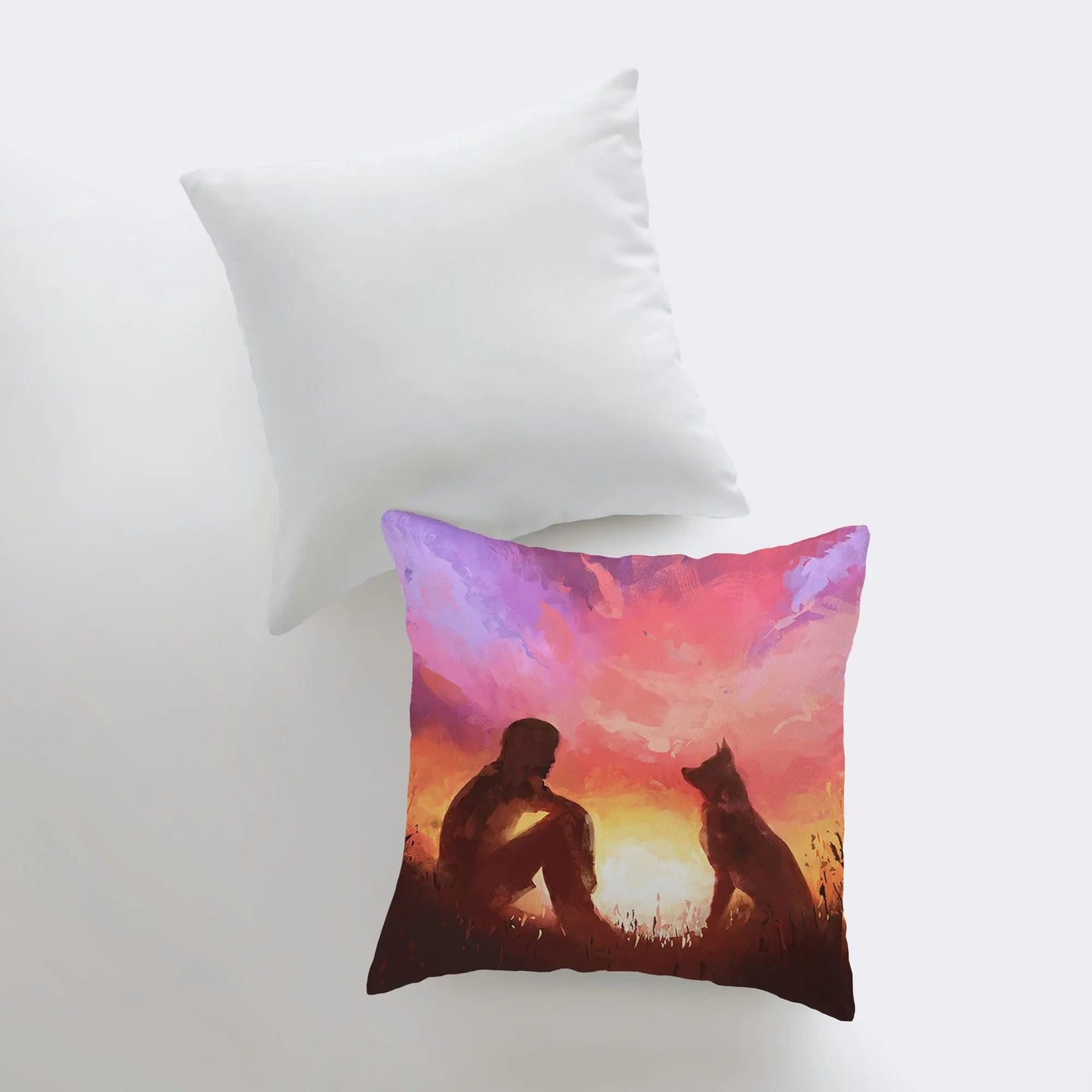 Sunset Boy and Dog Throw Pillow
