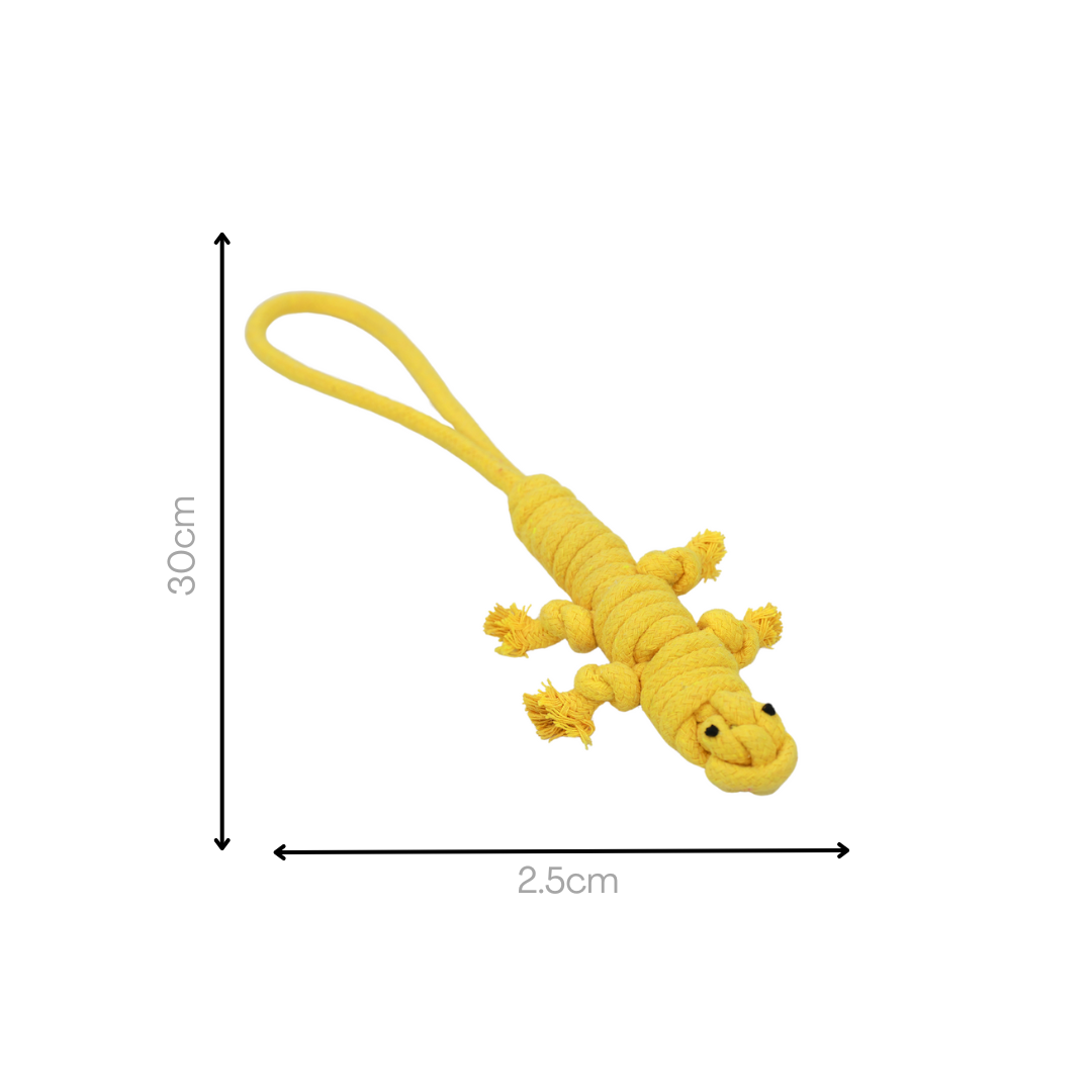 A cute yellow lizard-shaped pet toy made of cotton rope, perfect for playtime!