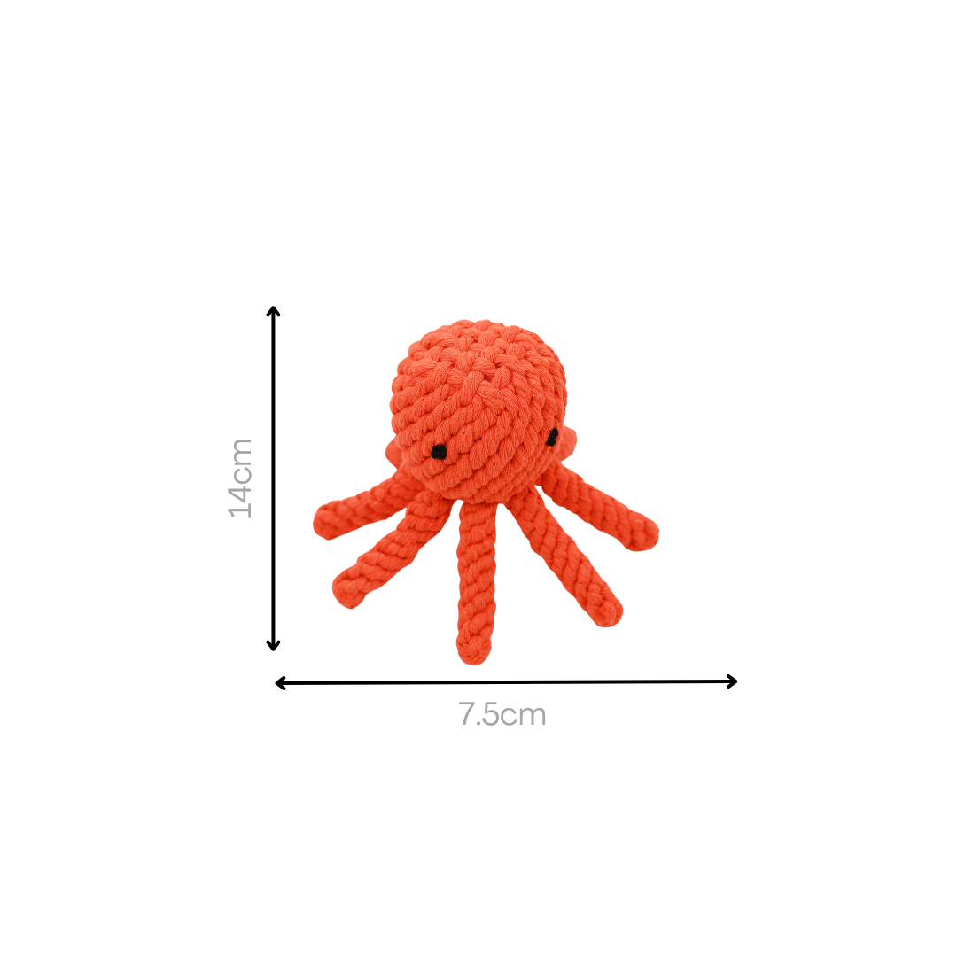 octopus-shaped pet toy made from durable cotton rope, perfect for chewing and interactive play, promoting dental health and providing hours of entertainment for dogs.