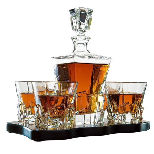 Crystal Iceberg Mountain Glacier Decanter with 4 Glasses and Wood Tray