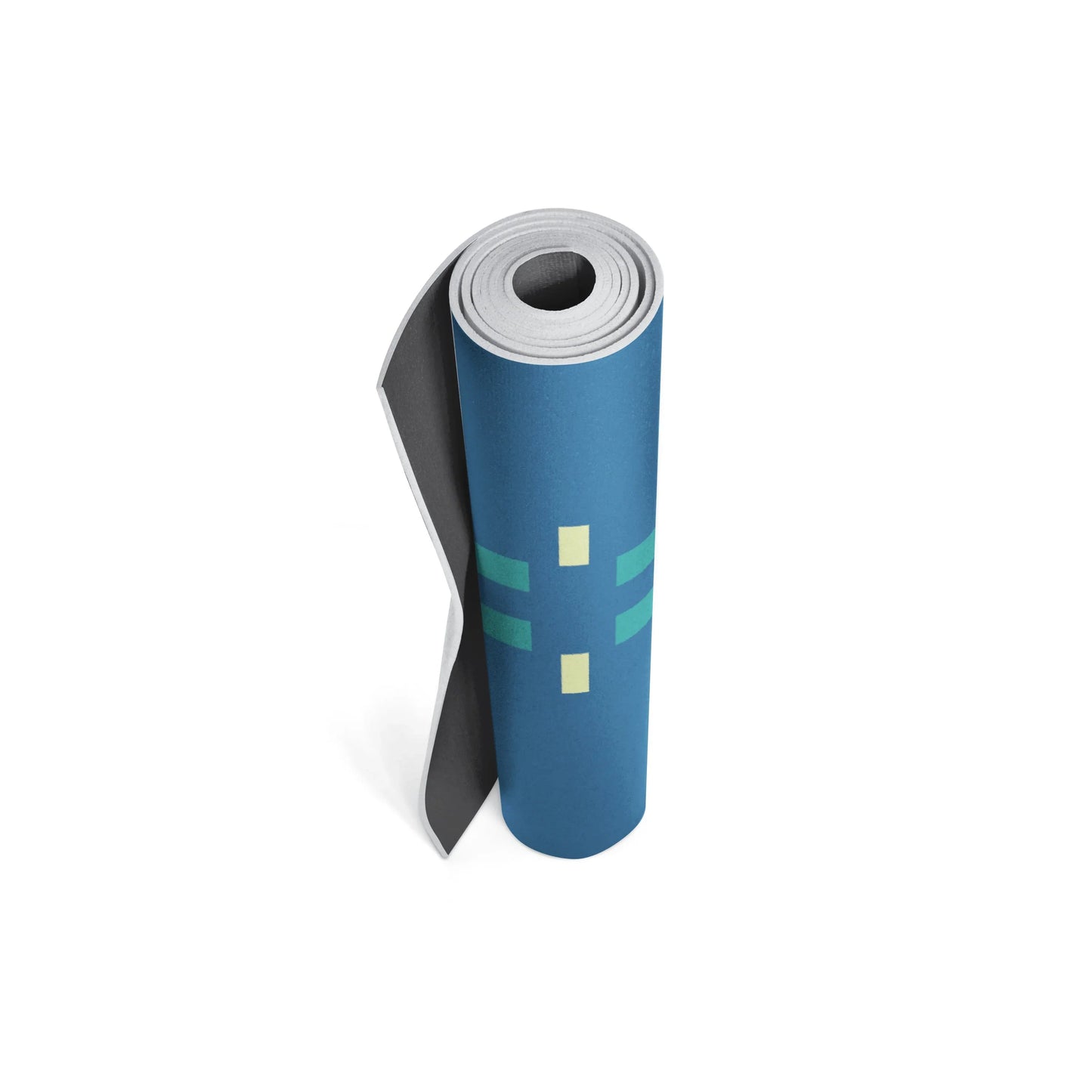 Roll of blue yoga mat with design on a white background