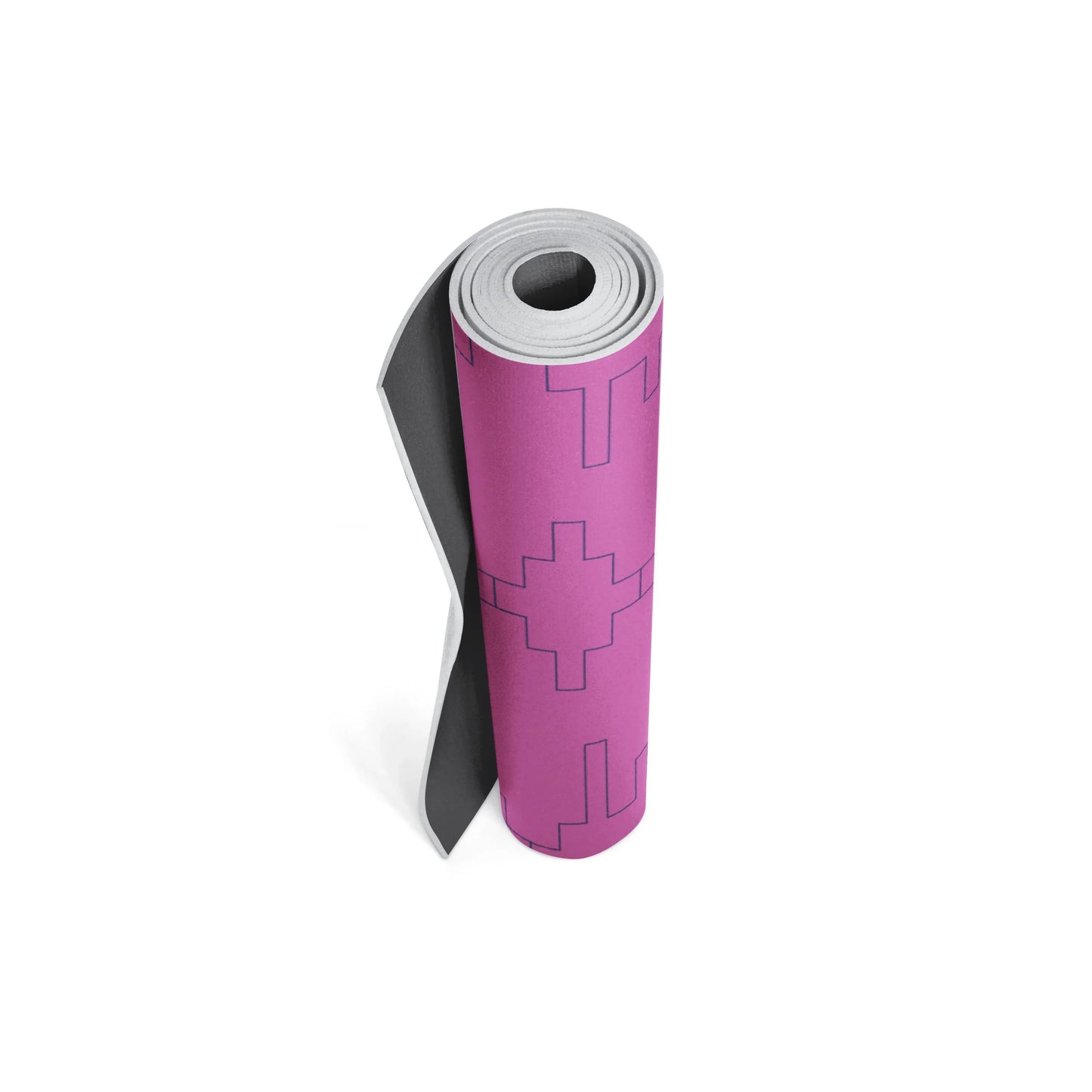 Rolled-up pink yoga mat with a logo on a white background