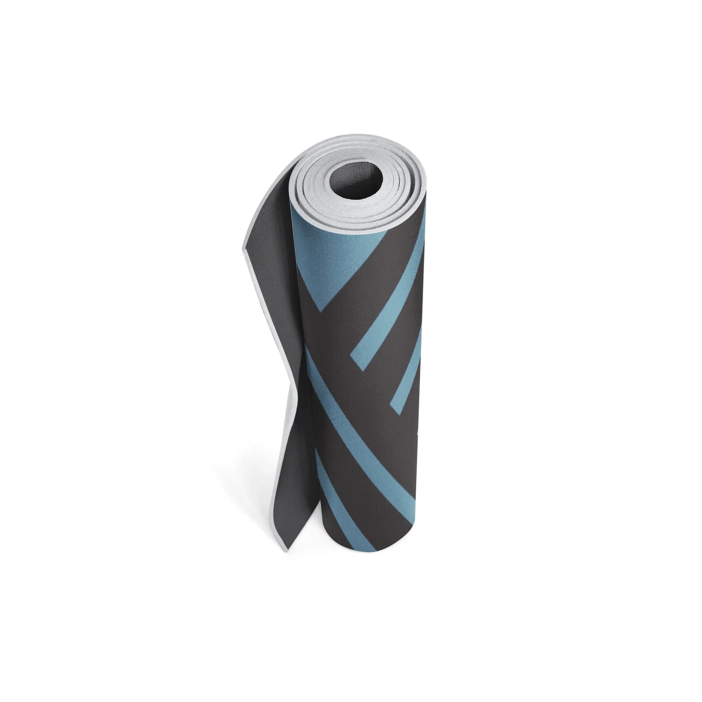 Roll of black and blue striped yoga mat on a white background