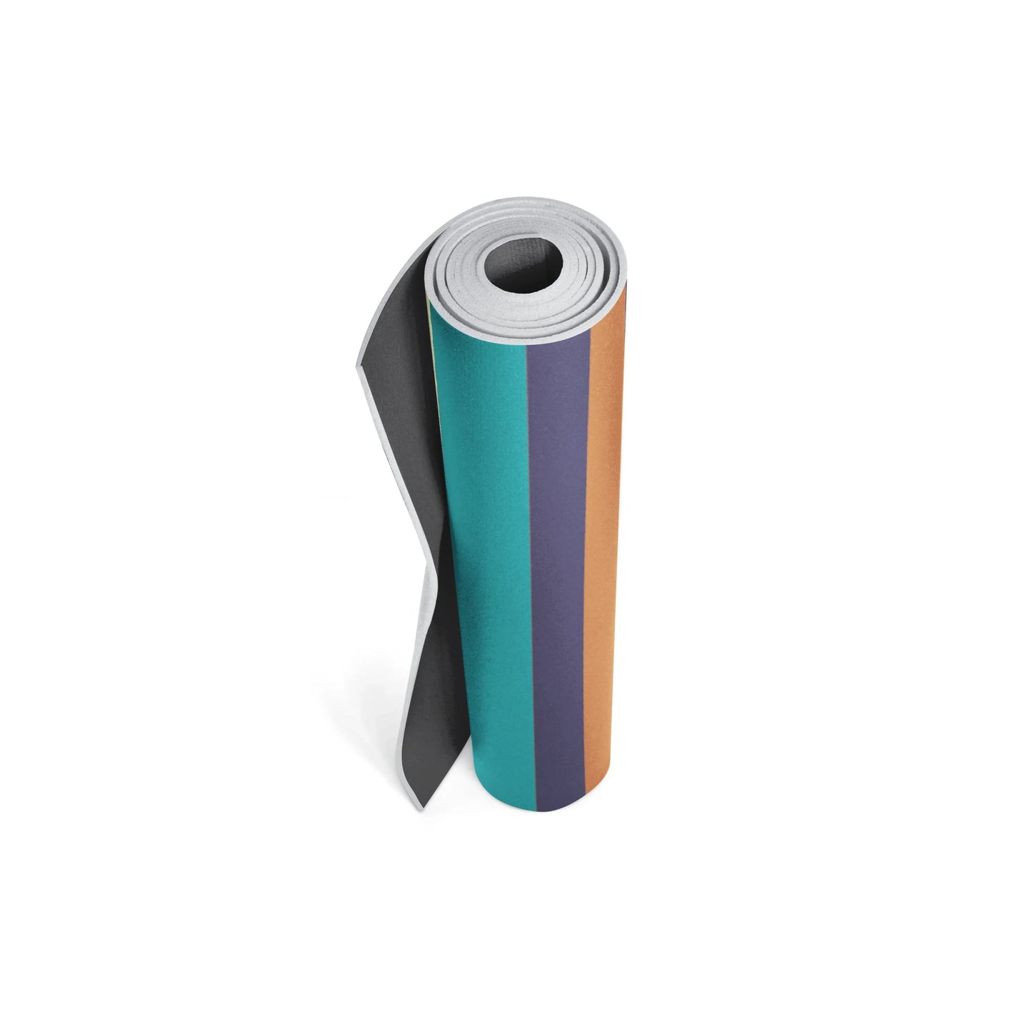 Roll of colorful paper with black, teal, purple, and orange stripes on a white background