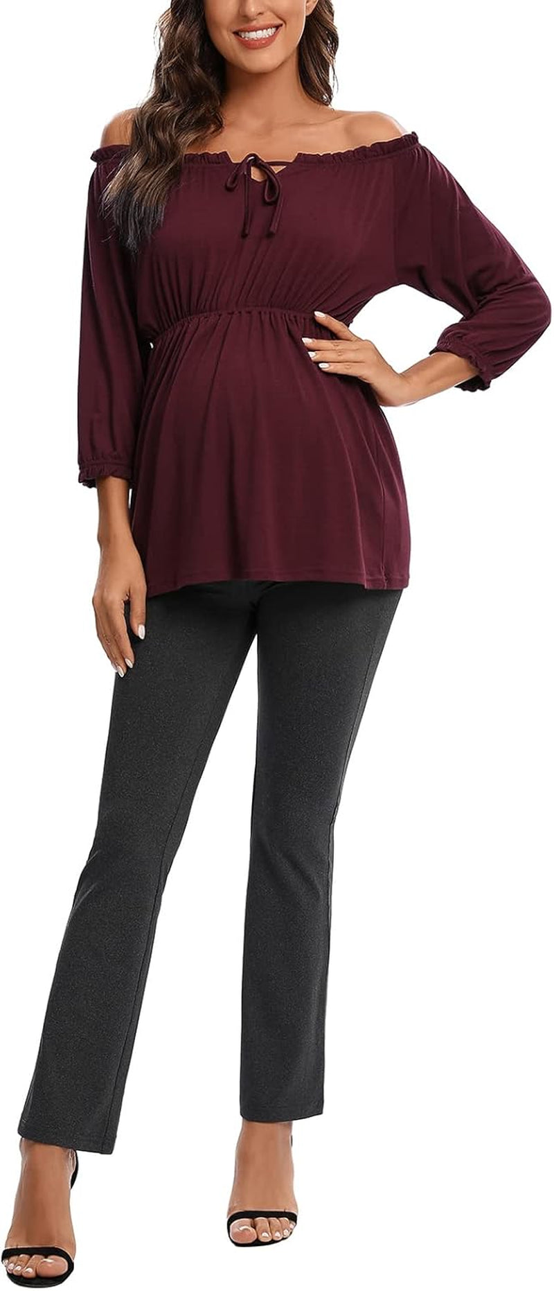 Maternity Pants for Women Bootcut Leg Pregnant Yoga Pants under the Belly for Workout, Office Dark Grey