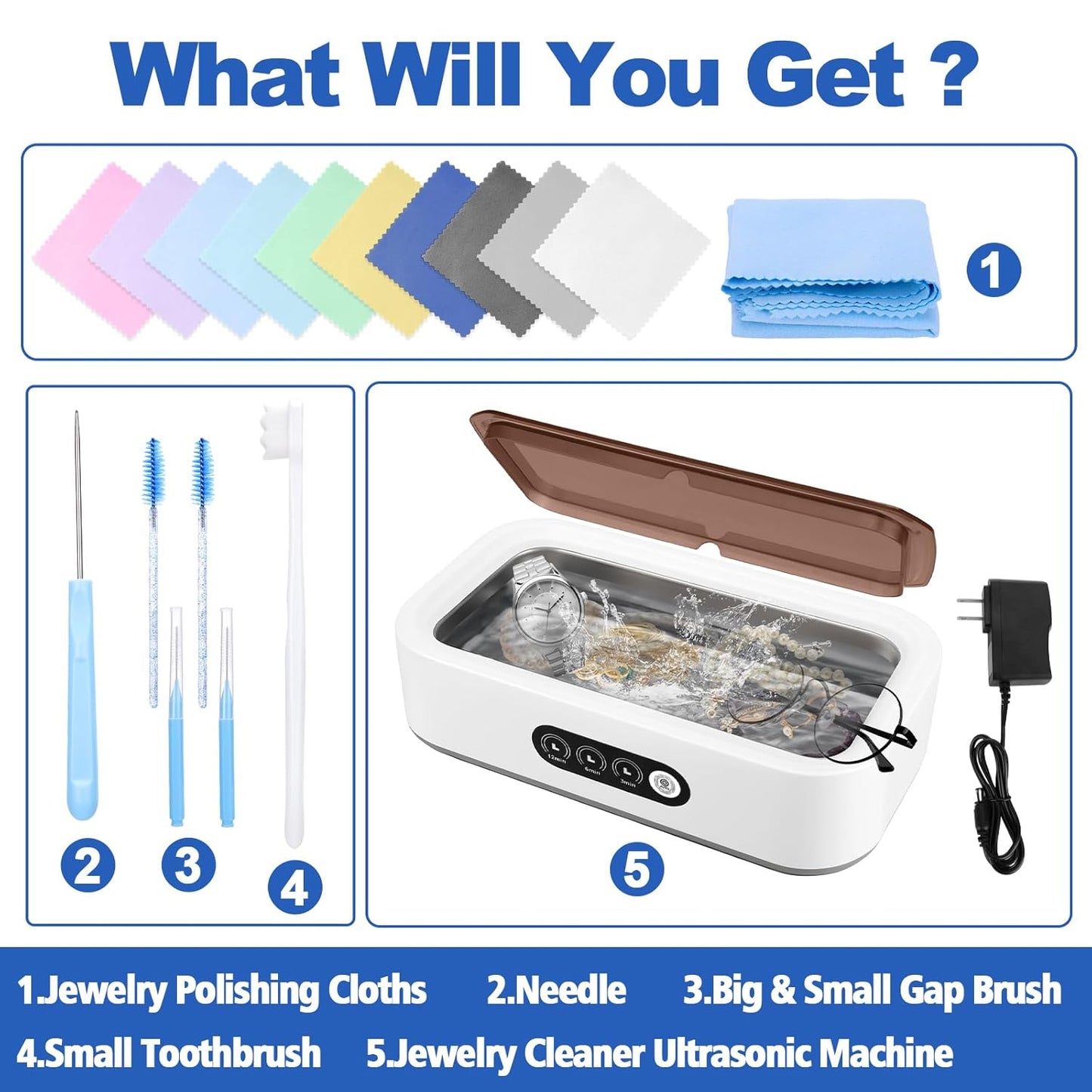 Jewelry Cleaning Kit-Ultrasonic Cleaner Machine(49K Hz,3 Modes),Gap Cleaning Brush and Polishing Cleaning Cloth for All Jewelry,Ring,Gold,Diamond,Earring,Sterling Silver,Eyeglass,Dentures