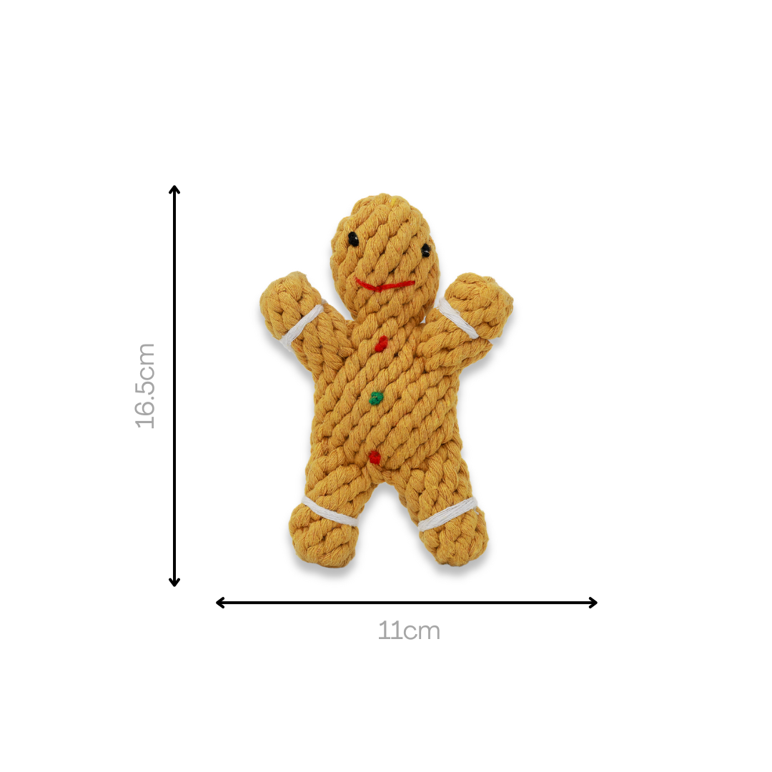 Handwoven gingerbread man pet toy made from durable cotton rope. Ideal for dogs and cats to chew, play, and enjoy. A festive and sturdy addition to your pet's toy collection.