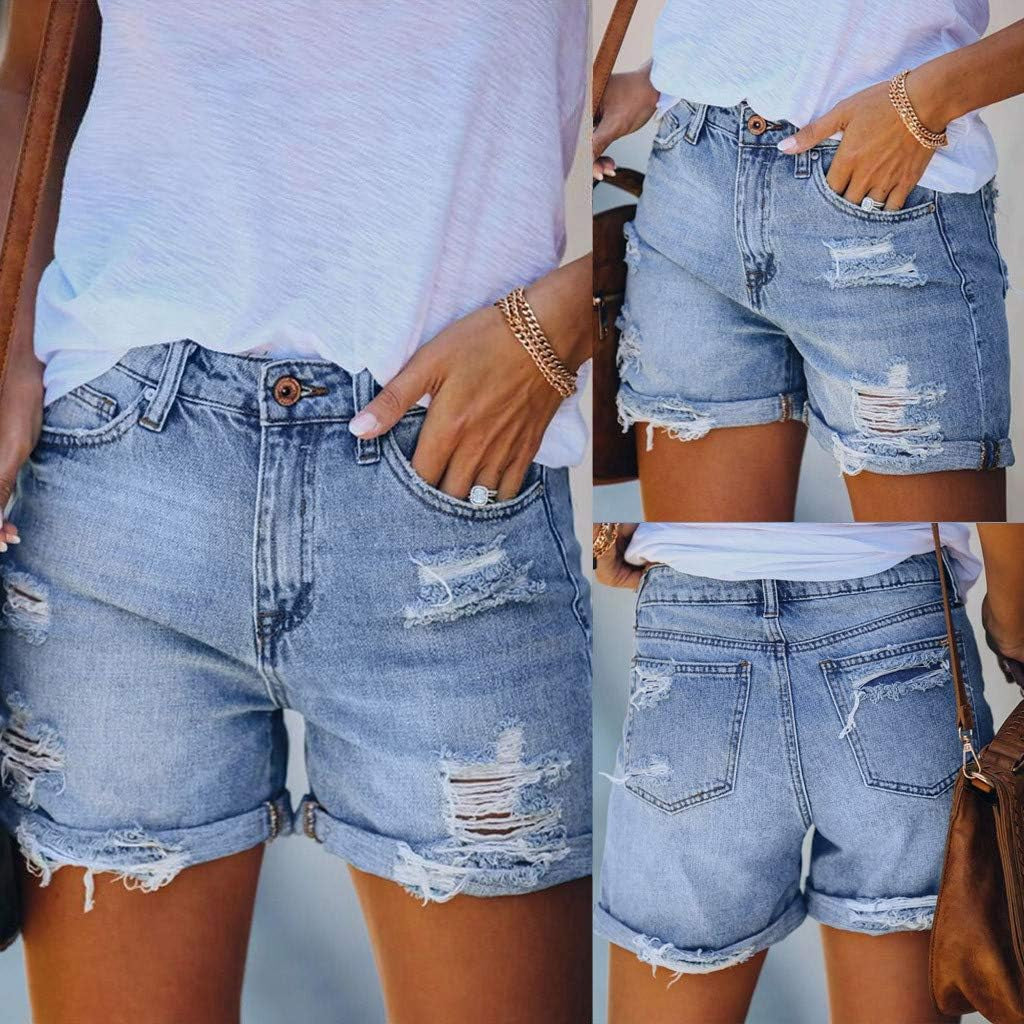 Denim Shorts for Women, Womens Pocket Solid Jeans Denim Hole Bottom Casual Shorts High Waist Wide-Leg Jeans Shorts for Summer, Light Blue, X-Large