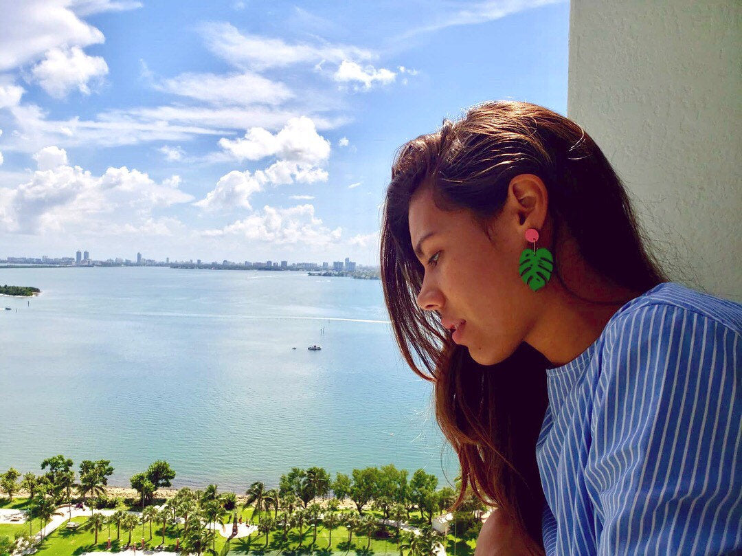 Monstera Pink Dot Dangle Earrings – Tropical Botanical Drop Jewelry