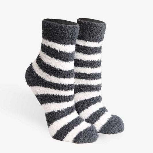 Cozy Grey Stripe Fuzzy Socks - 2 pk