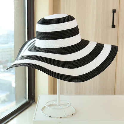 Hot Women'S Casual Straw Hats Girls Outdoor Striped Patchwork Paper Sun Hats New Summer Adult Flap Large Brim Beach Cap Gorras