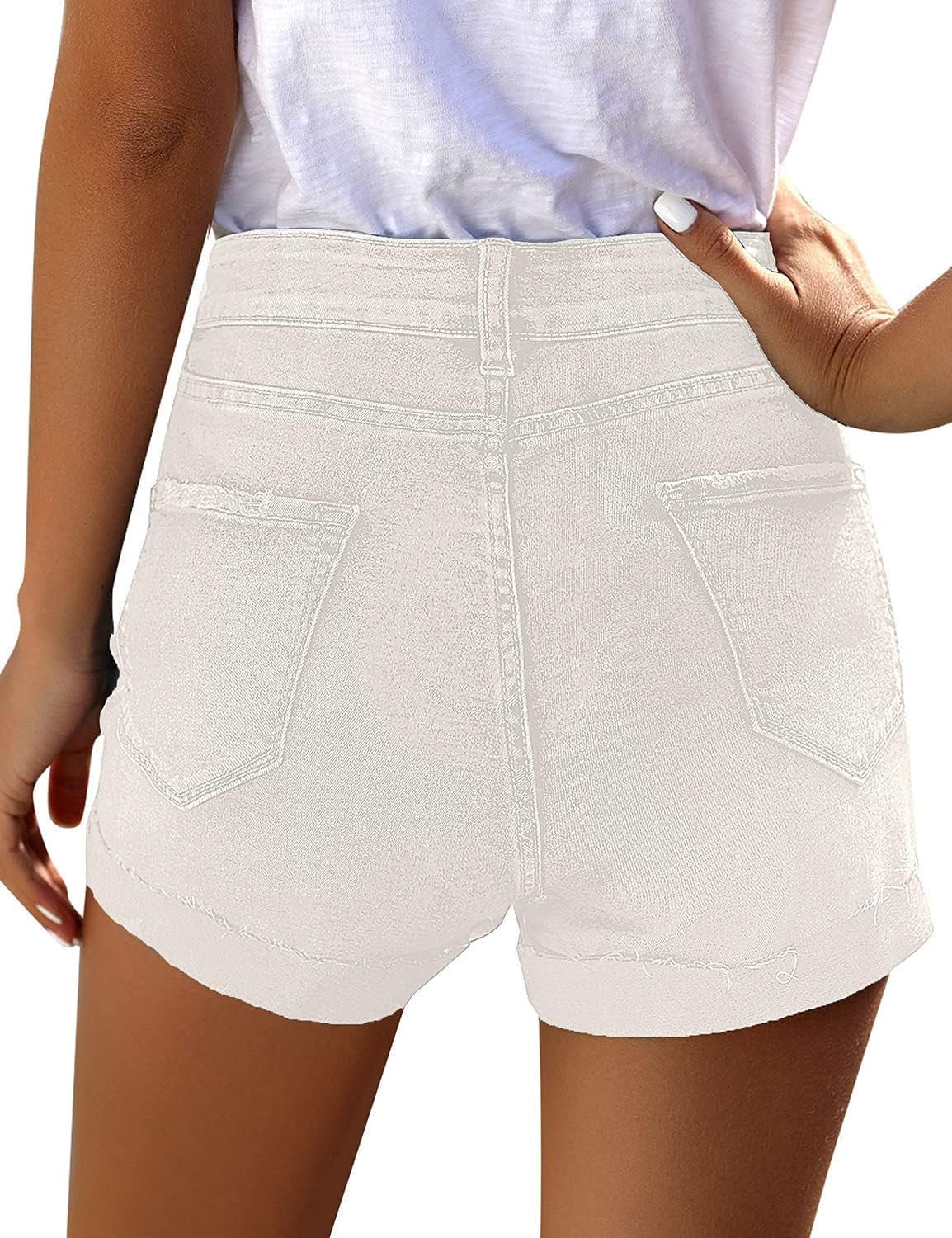 Women Summer High Waisted Sewn Cuffed Hem Buttons Denim Jean Shorts