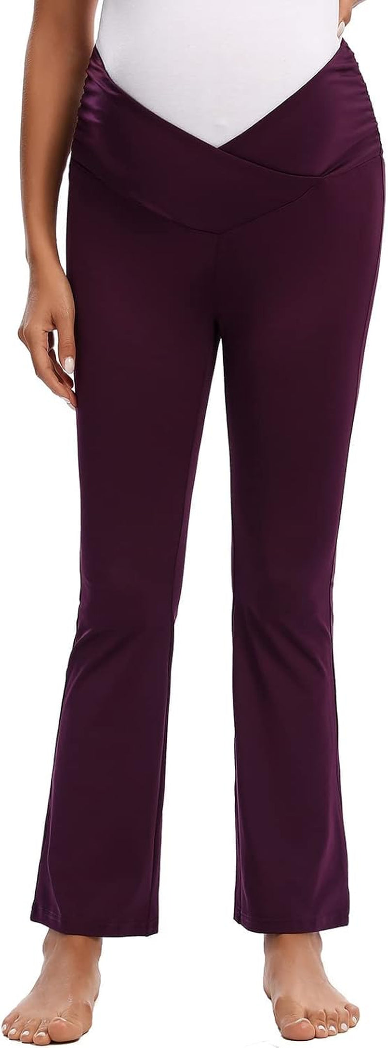 Maternity Pants for Women Bootcut Leg Pregnant Yoga Pants under the Belly for Workout, Office Purple