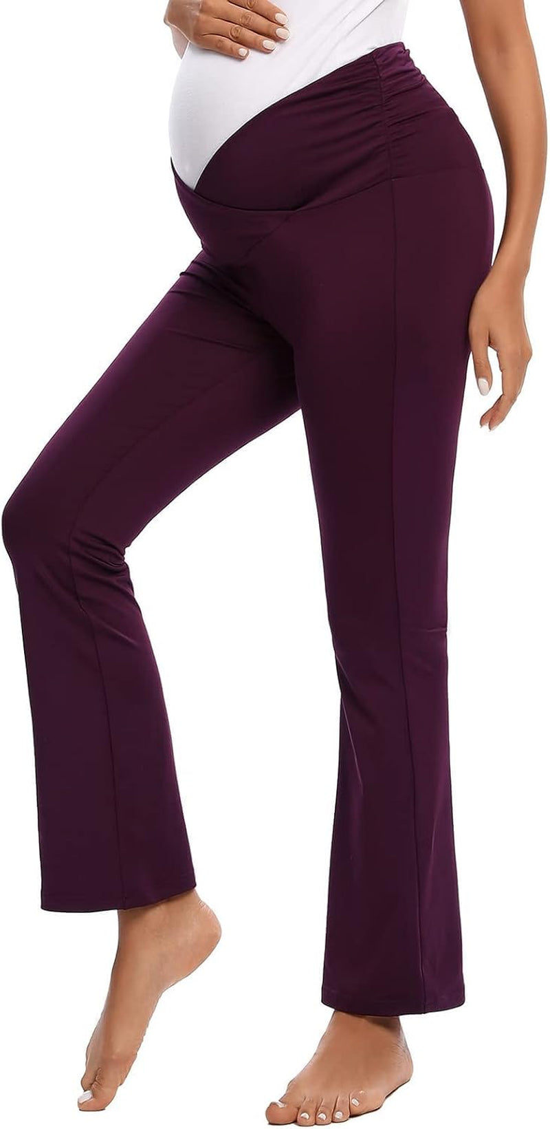 Maternity Pants for Women Bootcut Leg Pregnant Yoga Pants under the Belly for Workout, Office Purple