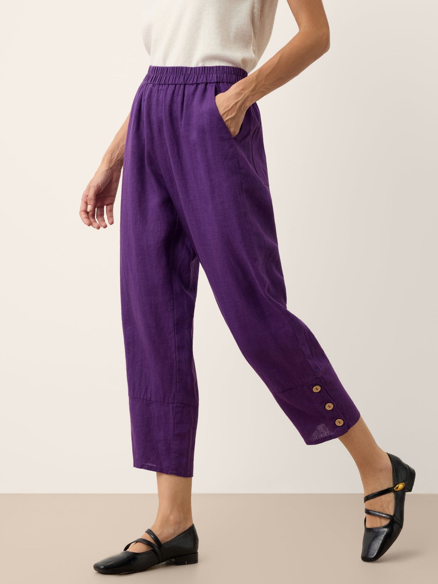 100% Linen Artisan Button Tapered Pants KATHERINE