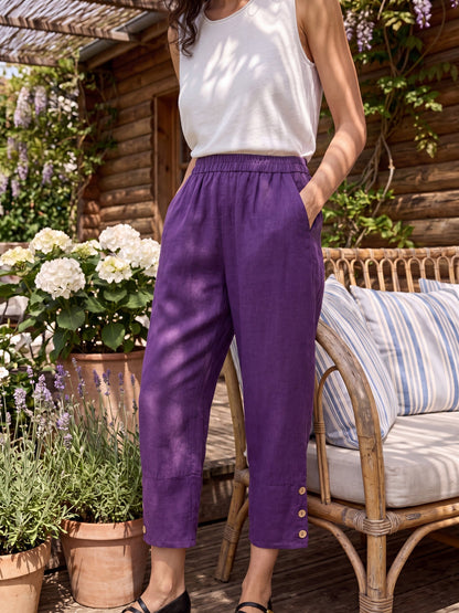 100% Linen Artisan Button Tapered Pants KATHERINE