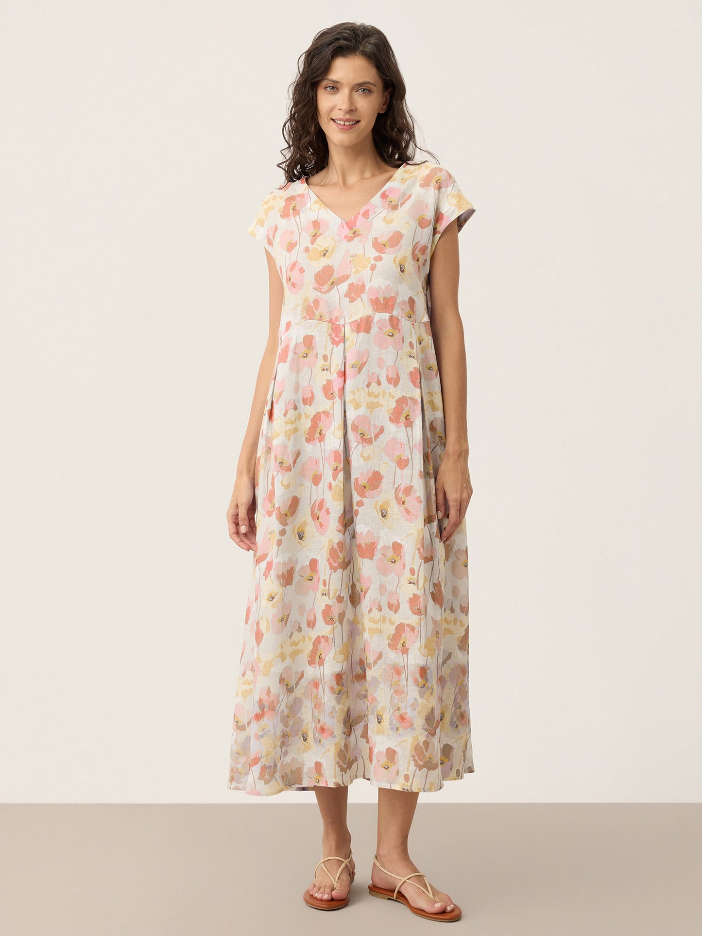 100% Linen Carnation Print Scalloped Waist Maxi Dress HARRIET