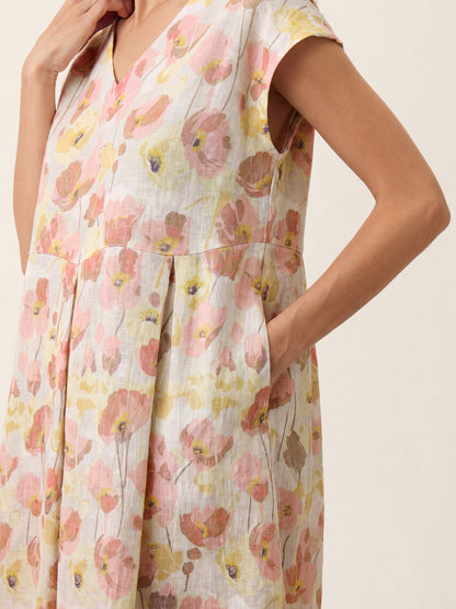 100% Linen Carnation Print Scalloped Waist Maxi Dress HARRIET