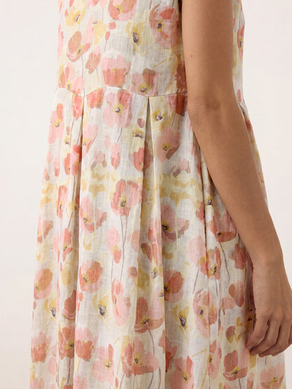 100% Linen Carnation Print Scalloped Waist Maxi Dress HARRIET