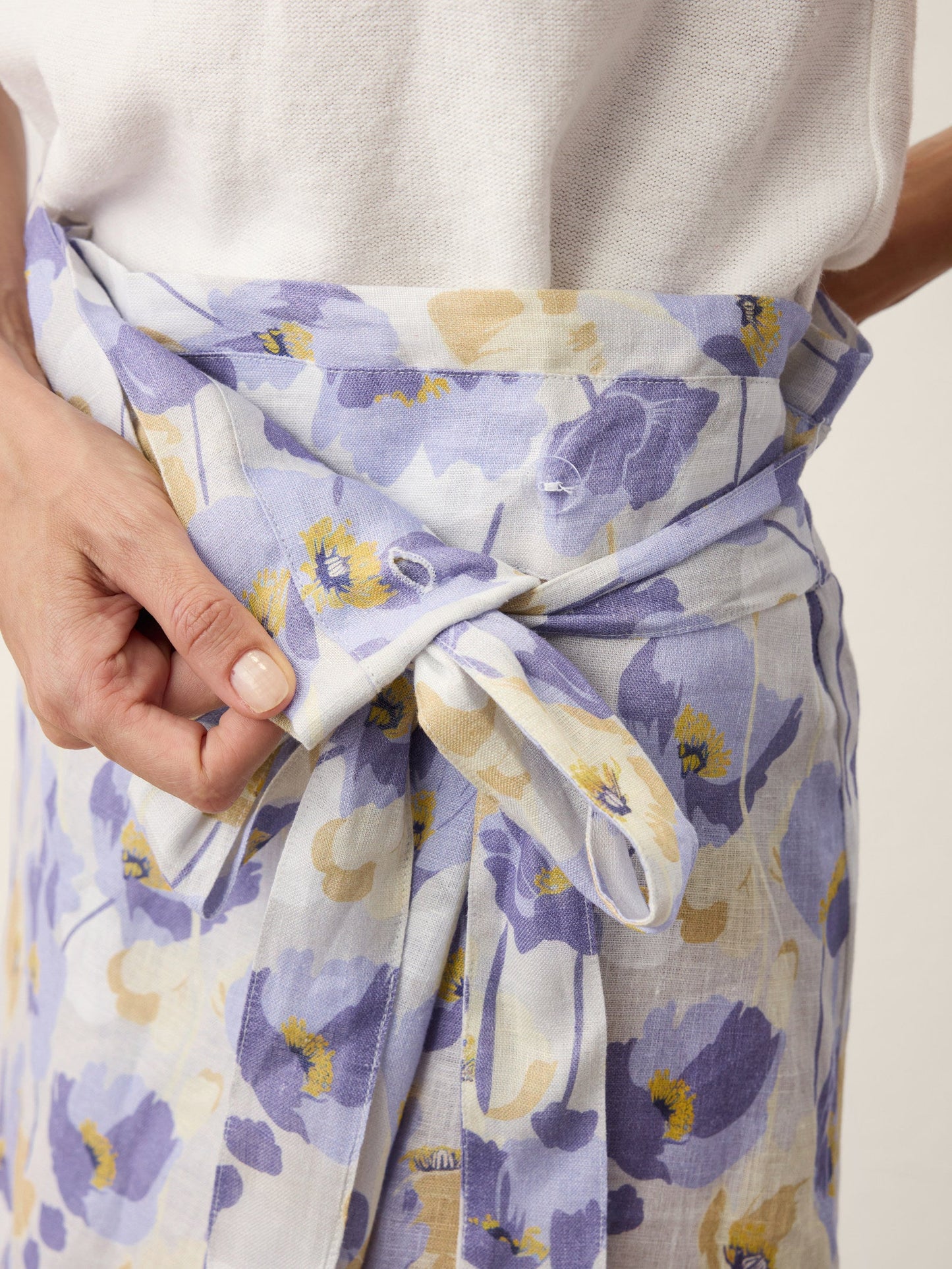 100% Linen Adjustable Wrap-Tie Carnation Print Skirt FRANCESCA