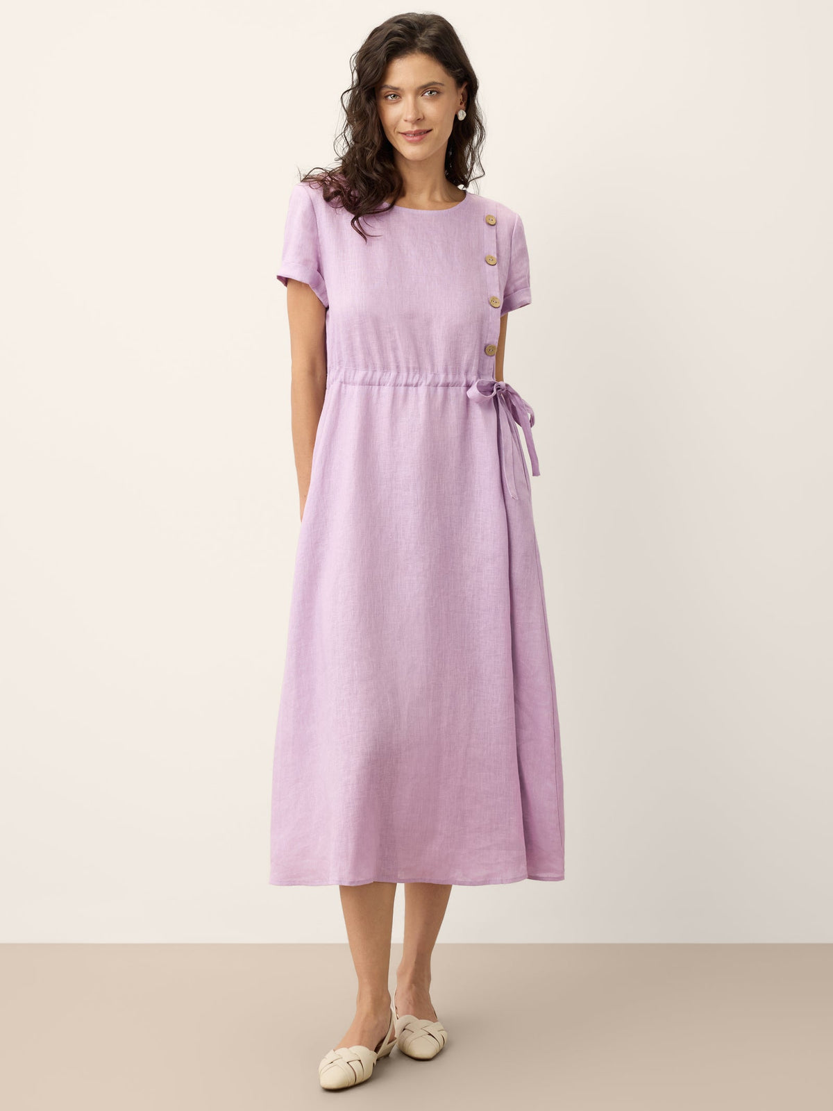 100% Linen Drawstring Waist Button Detail Maxi Dress SENNA