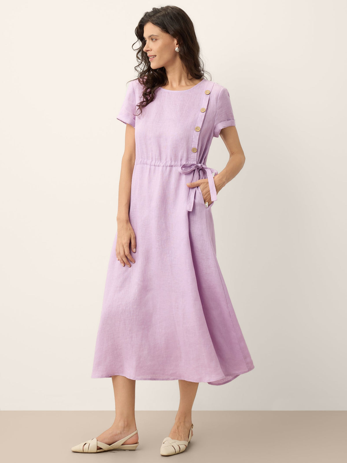 100% Linen Drawstring Waist Button Detail Maxi Dress SENNA