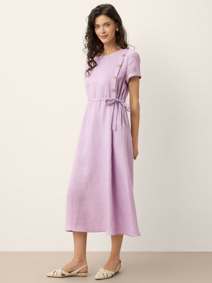 100% Linen Drawstring Waist Button Detail Maxi Dress SENNA