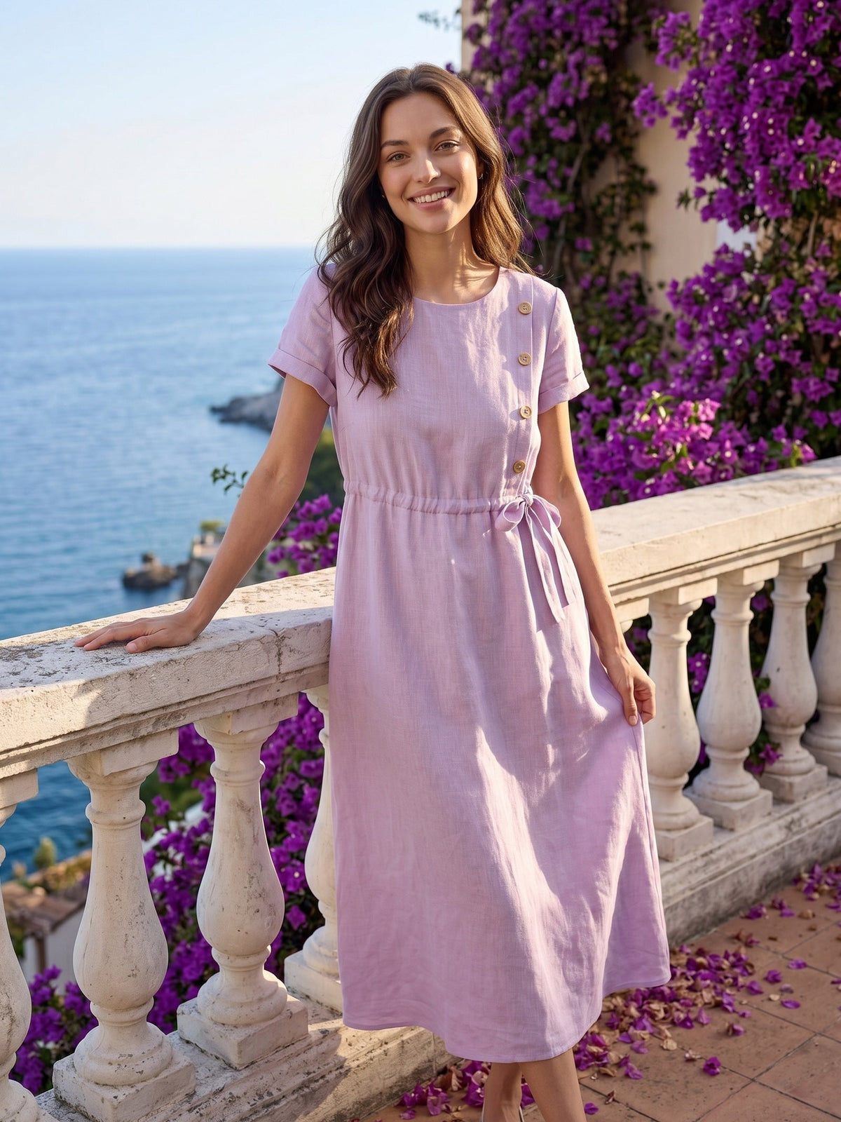 100% Linen Drawstring Waist Button Detail Maxi Dress SENNA