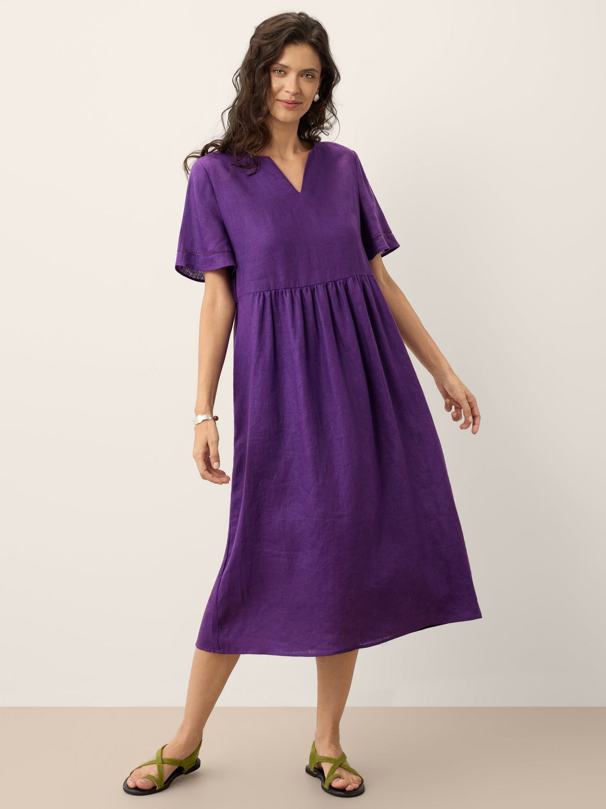 100% Linen Embroidered Cuff Split Neck Maxi Dress OCTAVIA