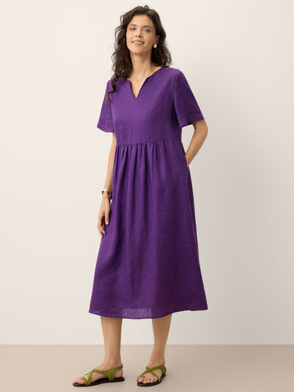 100% Linen Embroidered Cuff Split Neck Maxi Dress OCTAVIA