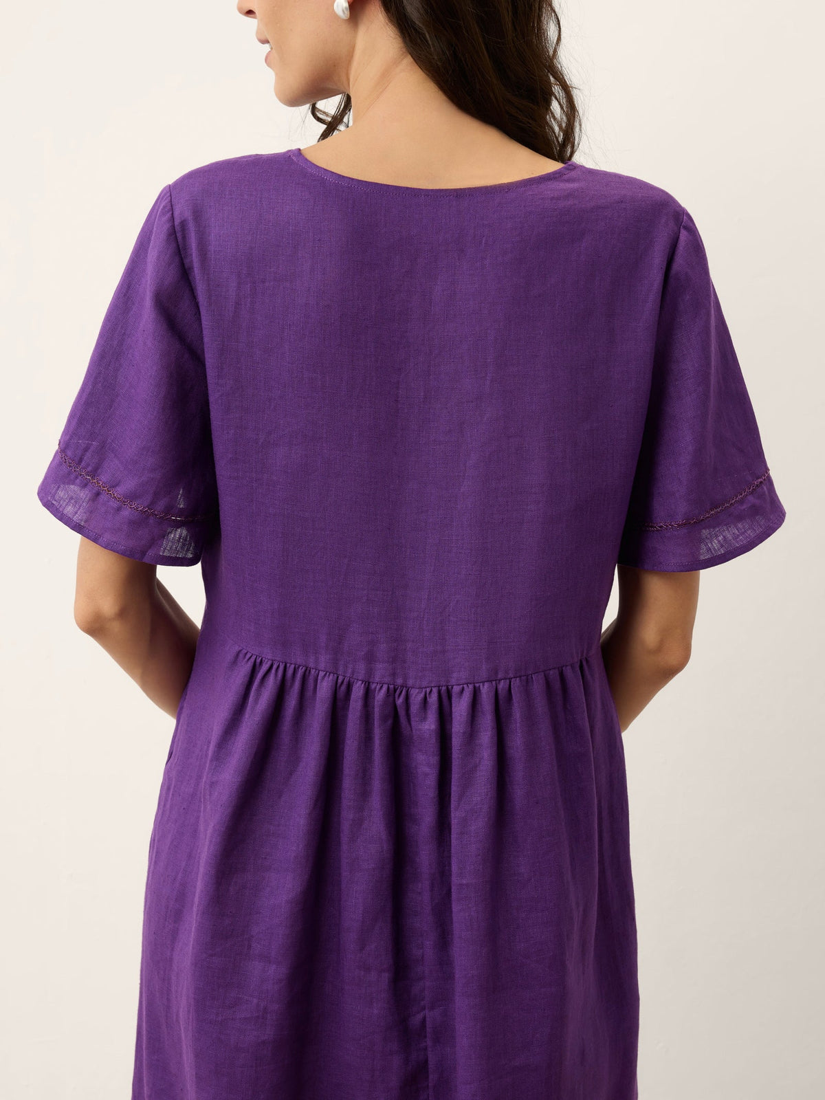 100% Linen Embroidered Cuff Split Neck Maxi Dress OCTAVIA
