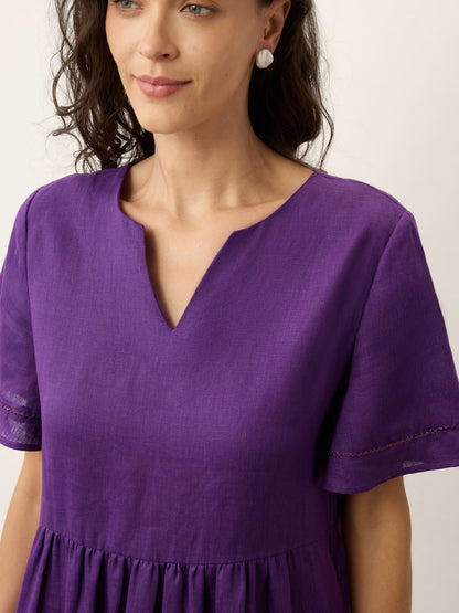 100% Linen Embroidered Cuff Split Neck Maxi Dress OCTAVIA
