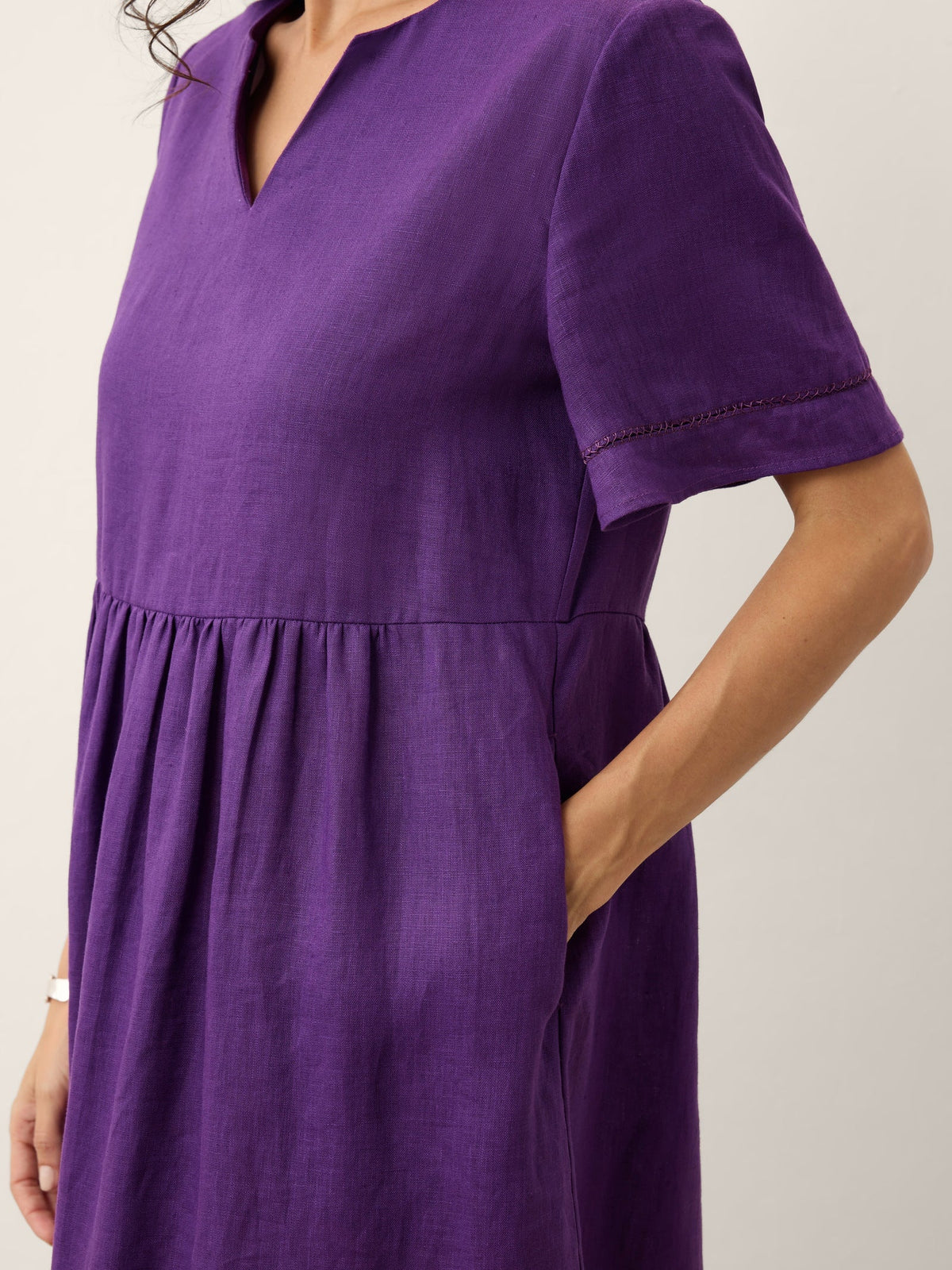 100% Linen Embroidered Cuff Split Neck Maxi Dress OCTAVIA