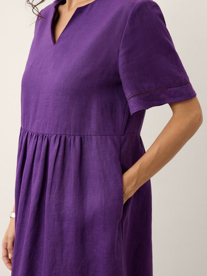 100% Linen Embroidered Cuff Split Neck Maxi Dress OCTAVIA