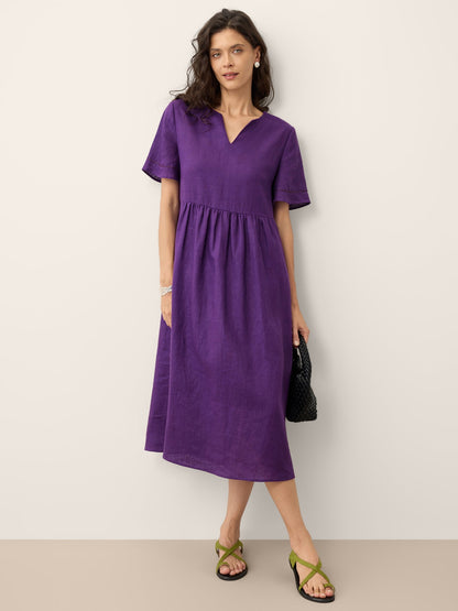 100% Linen Embroidered Cuff Split Neck Maxi Dress OCTAVIA