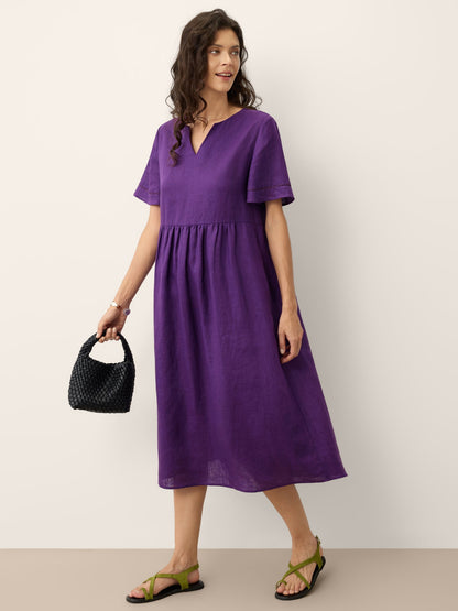 100% Linen Embroidered Cuff Split Neck Maxi Dress OCTAVIA